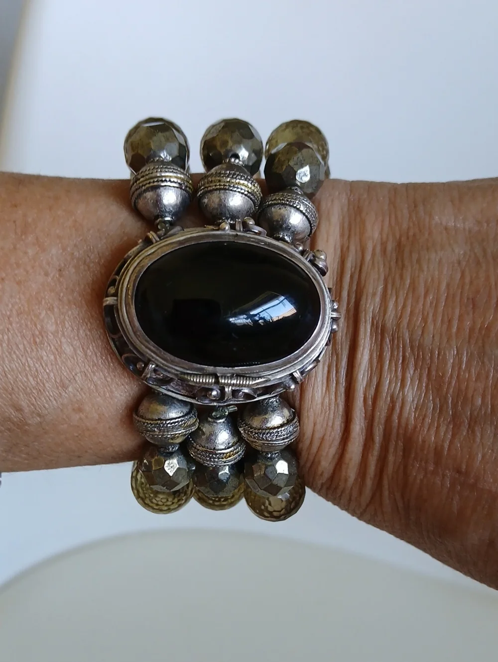 Black onyx  Stone Silver Beaded Stretch Bracelet